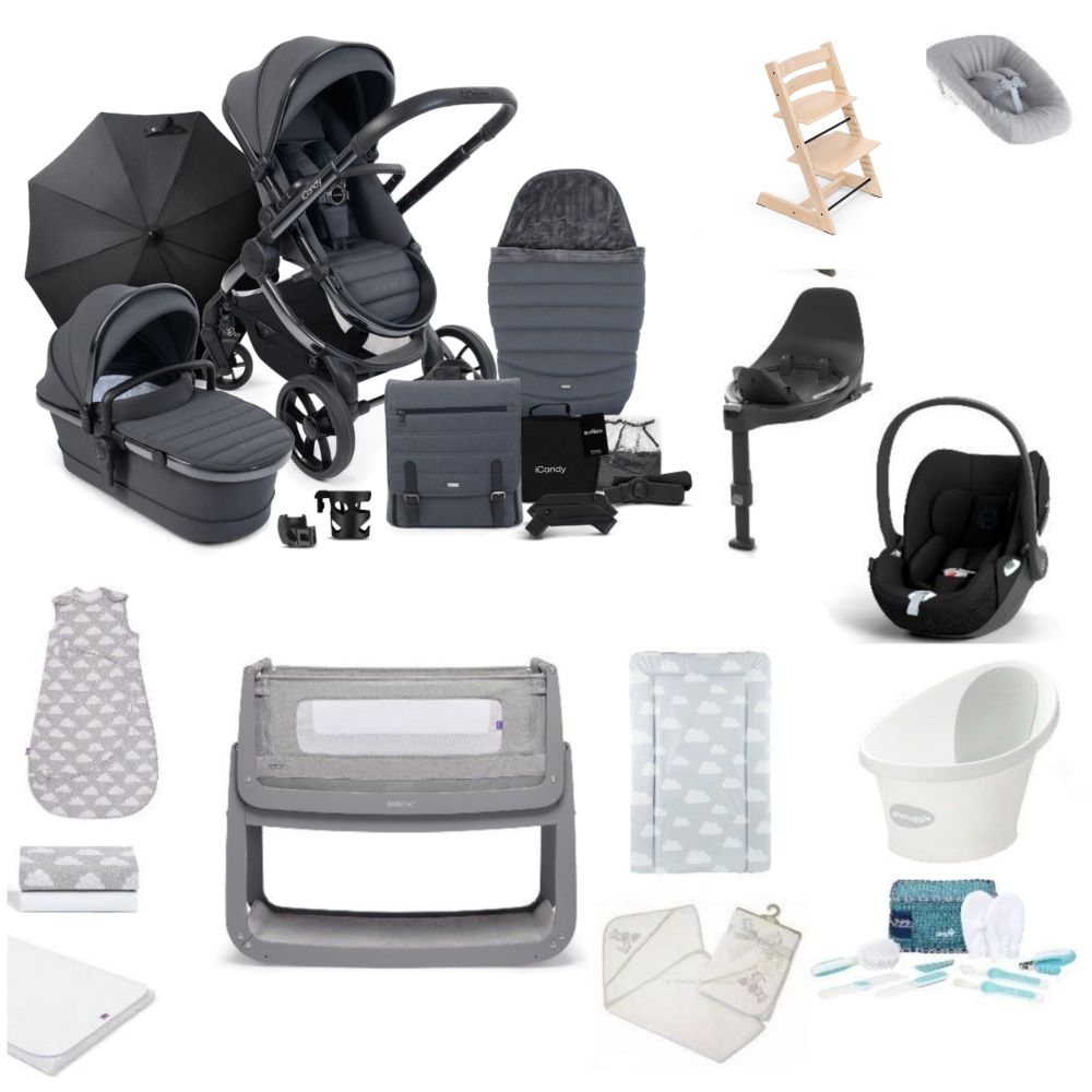 Icandy Peach 7 Pushchair & carrycot in dark grey, complete with all babies essential including car seat, tripp trapp highchair, crib and bath.