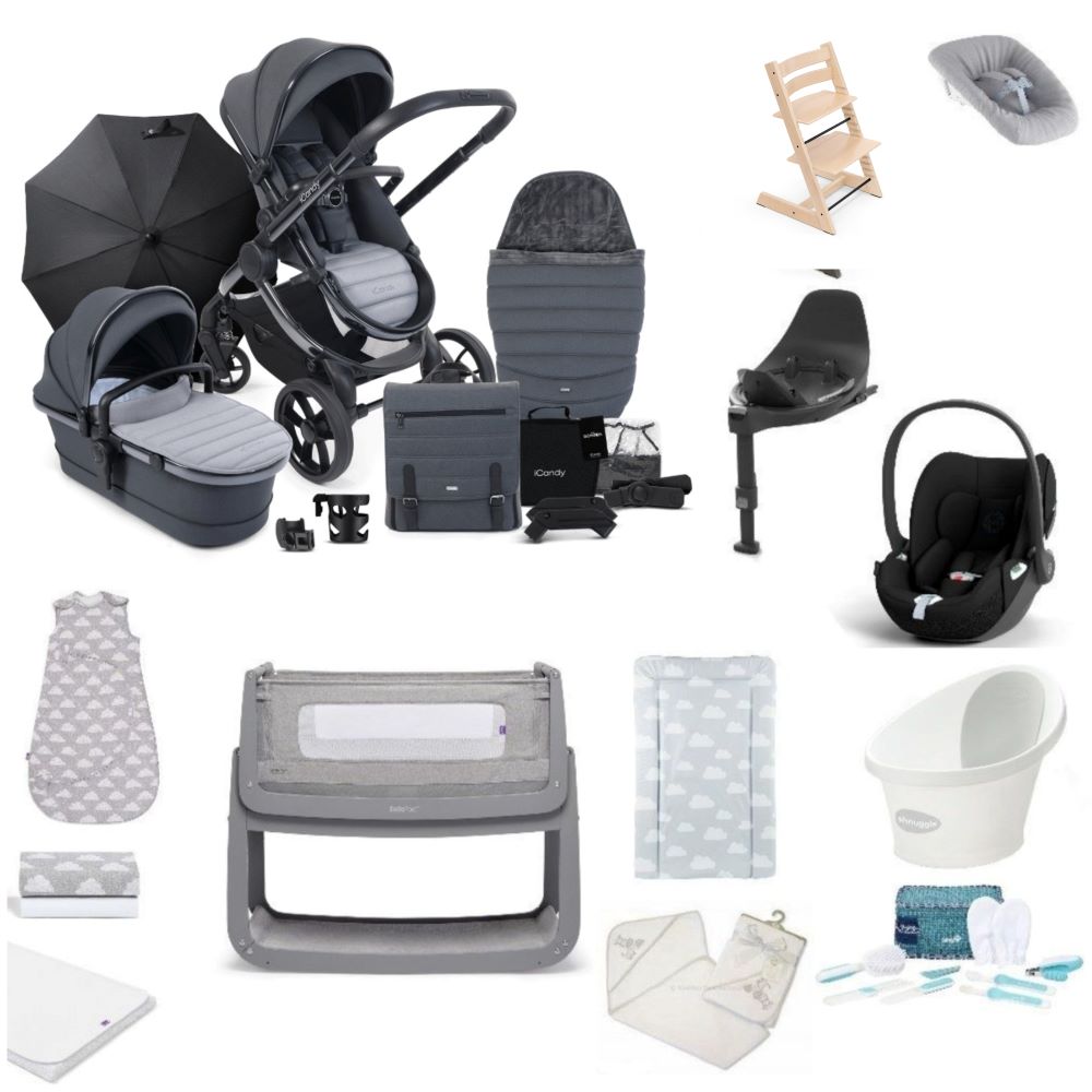 Icandy Peach 7 Pushchair & carrycot in truffle, complete with all babies essential including car seat, tripp trapp highchair, crib and bath.