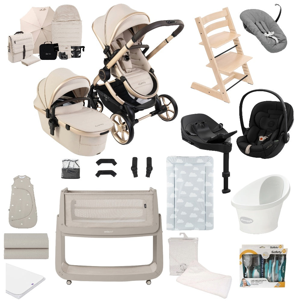 iCandy Peach 8 travel system in biscotti beige colour, complete with matching accessories and car seat and base, along with high chair, crib and bathing accessories.