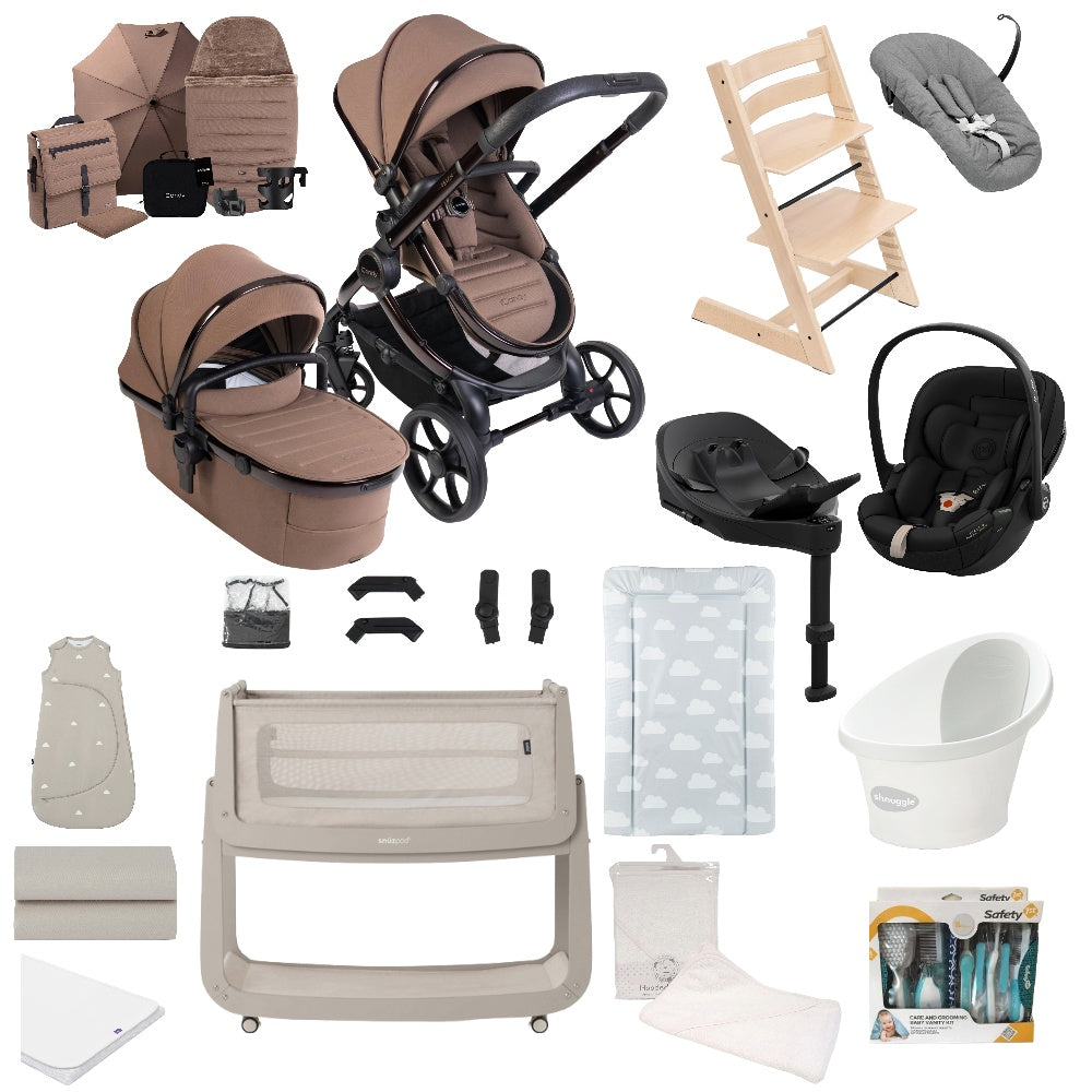iCandy Peach 8 travel system in coco brown colour, complete with matching accessories and car seat and base, along with high chair, crib and bathing accessories.