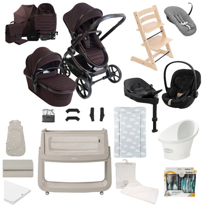 iCandy Peach 8 travel system in coffee bean colour, complete with matching accessories and car seat and base, along with high chair, crib and bathing accessories.