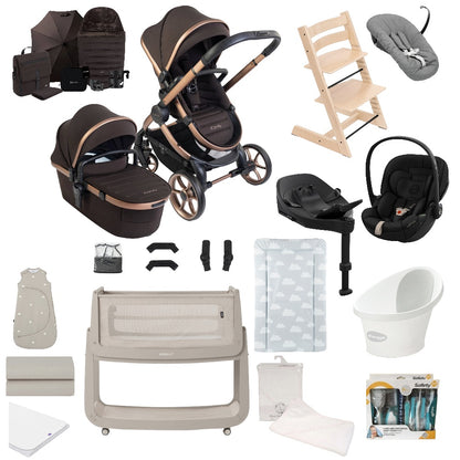 iCandy Peach 8 travel system in pecan brown colour, complete with matching accessories and car seat and base, along with high chair, crib and bathing accessories.