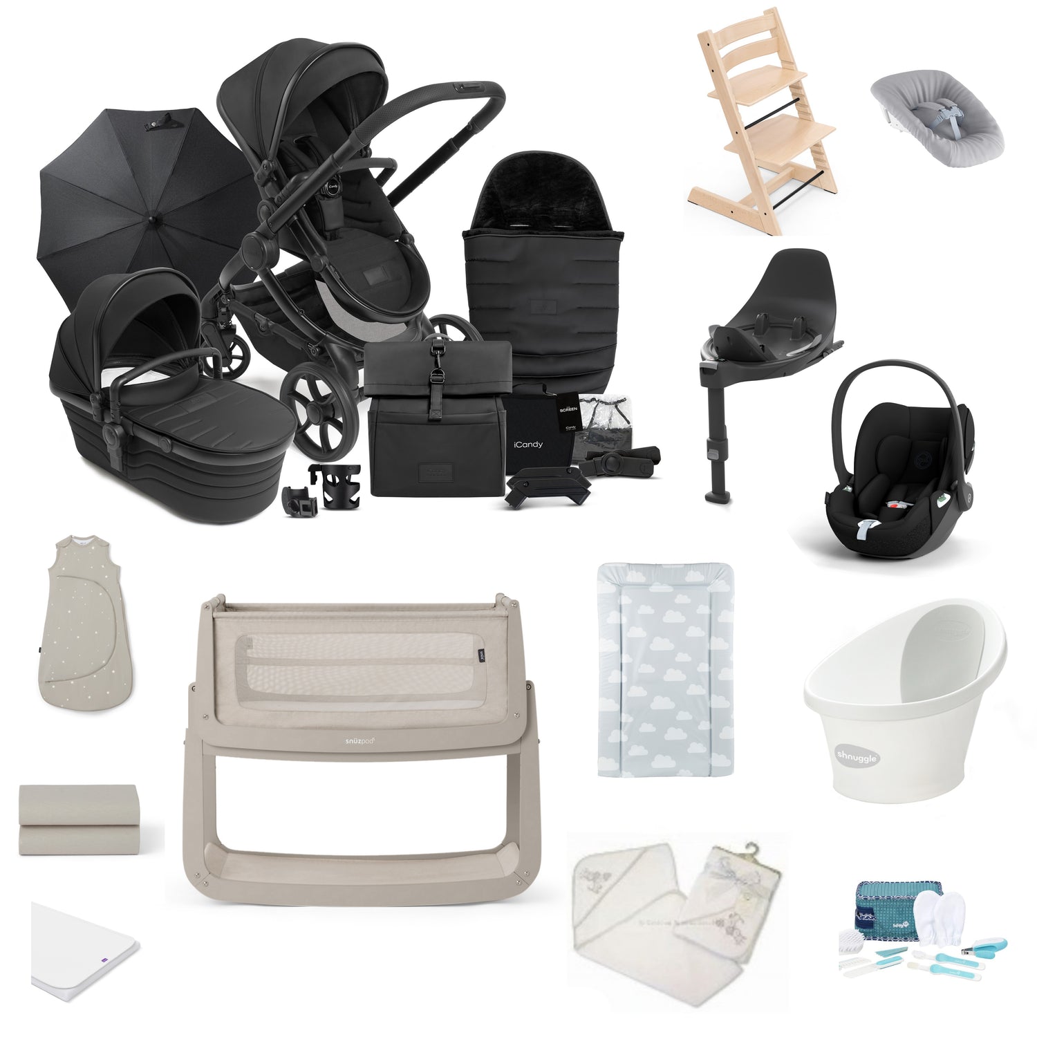 Icandy Peach 7 Pushchair & carrycot in STUDIO, complete with all babies essential including car seat, tripp trapp highchair, crib and bath.