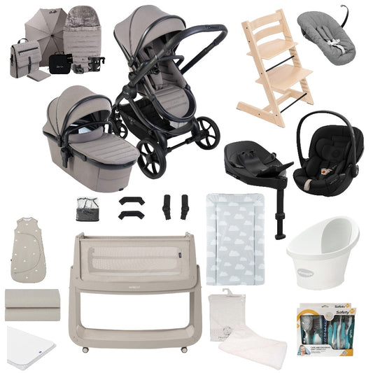 iCandy Peach 8 travel system in porcini grey colour, complete with matching accessories and car seat and base, along with high chair, crib and bathing accessories.