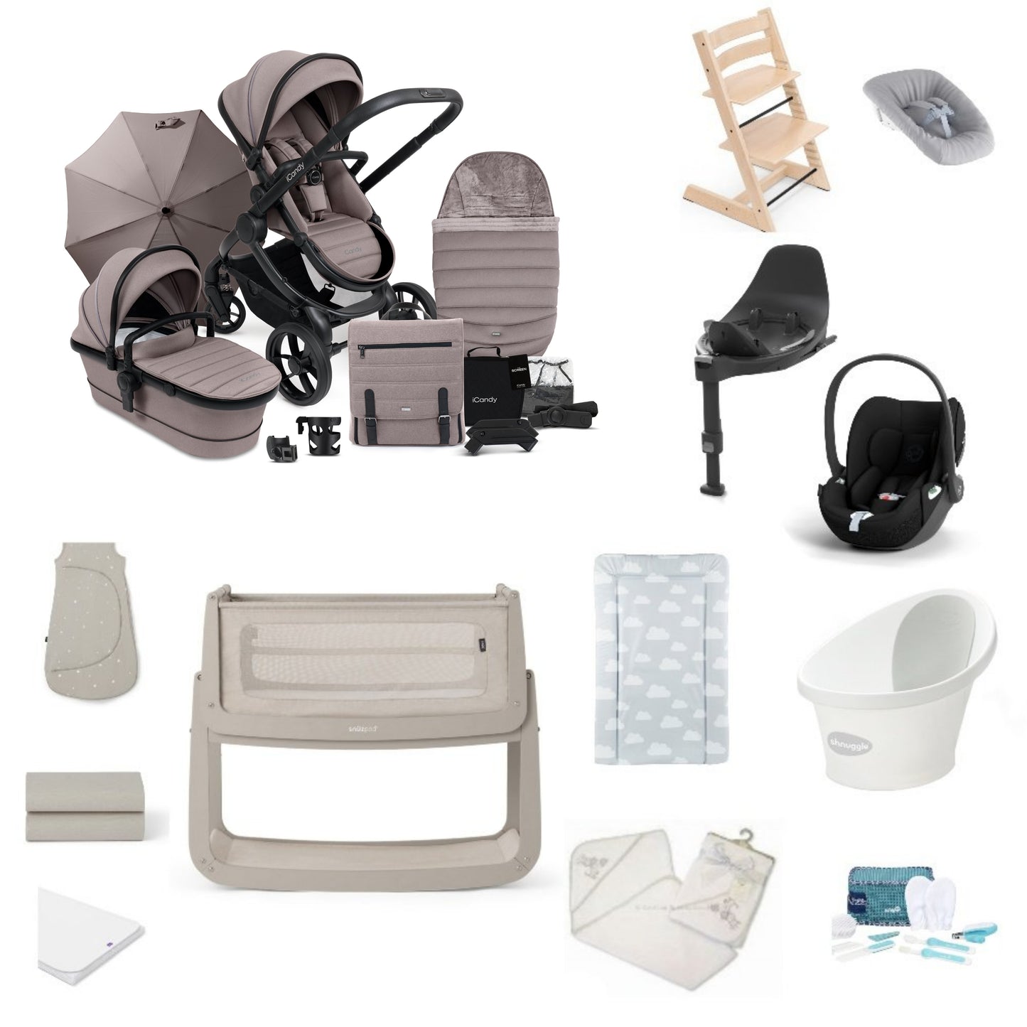 Icandy Peach 7 Pushchair & carrycot in Porcini, complete with all babies essential including car seat, tripp trapp highchair, crib and bath.