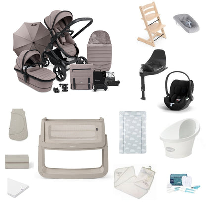 Icandy Peach 7 Pushchair & carrycot in Porcini, complete with all babies essential including car seat, tripp trapp highchair, crib and bath.