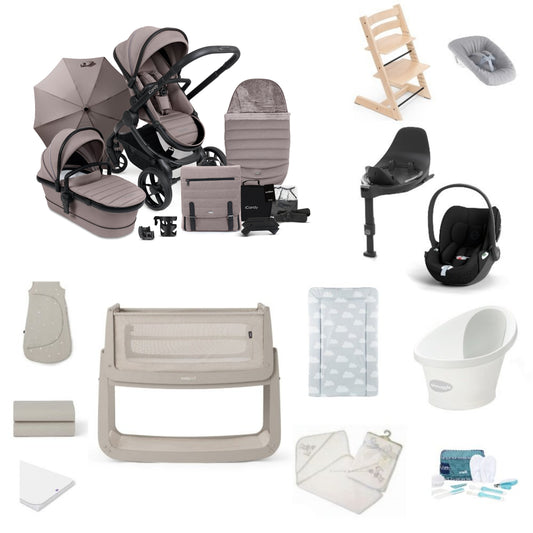 Icandy Peach 7 Pushchair & carrycot in Porcini, complete with all babies essential including car seat, tripp trapp highchair, crib and bath.
