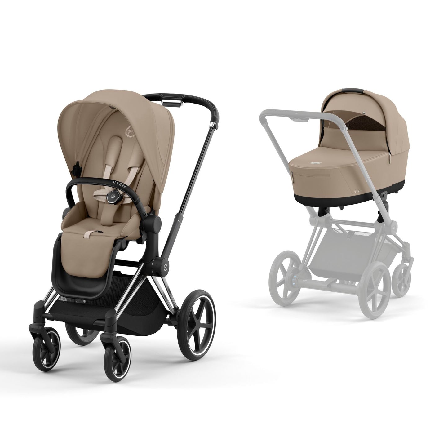 Cybex Priam in cozy beige on a chrome black chassis with seat unit and carrycot.