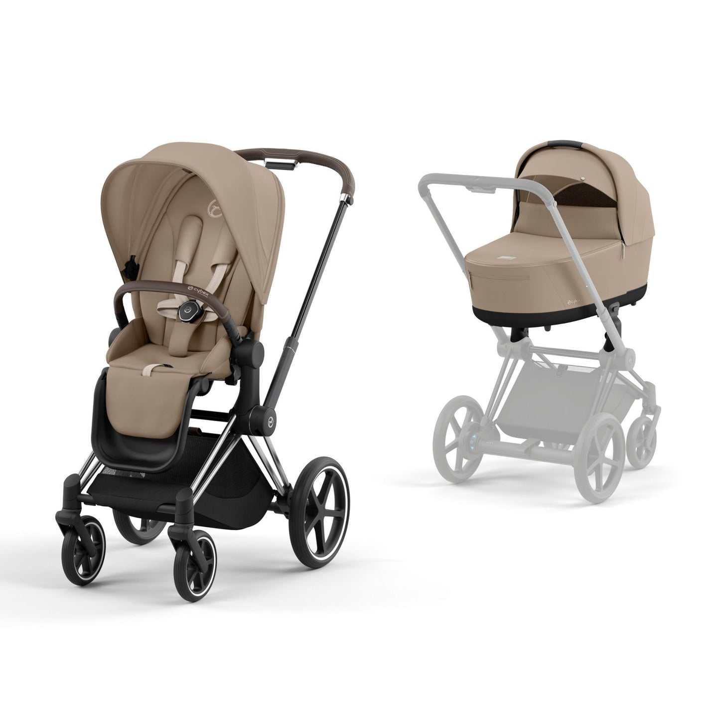 Cybex Priam in cozy beige on a chrome brown chassis with seat unit and carrycot.