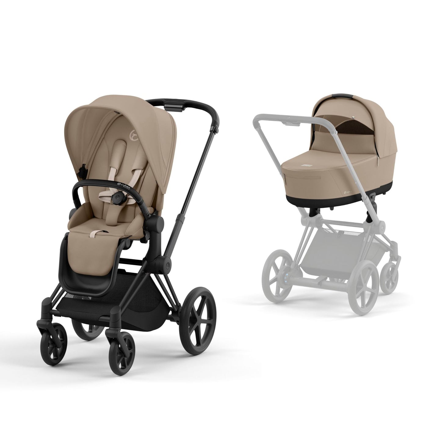 Cybex Priam in cozy beige on a matt black chassis with seat unit and carrycot.