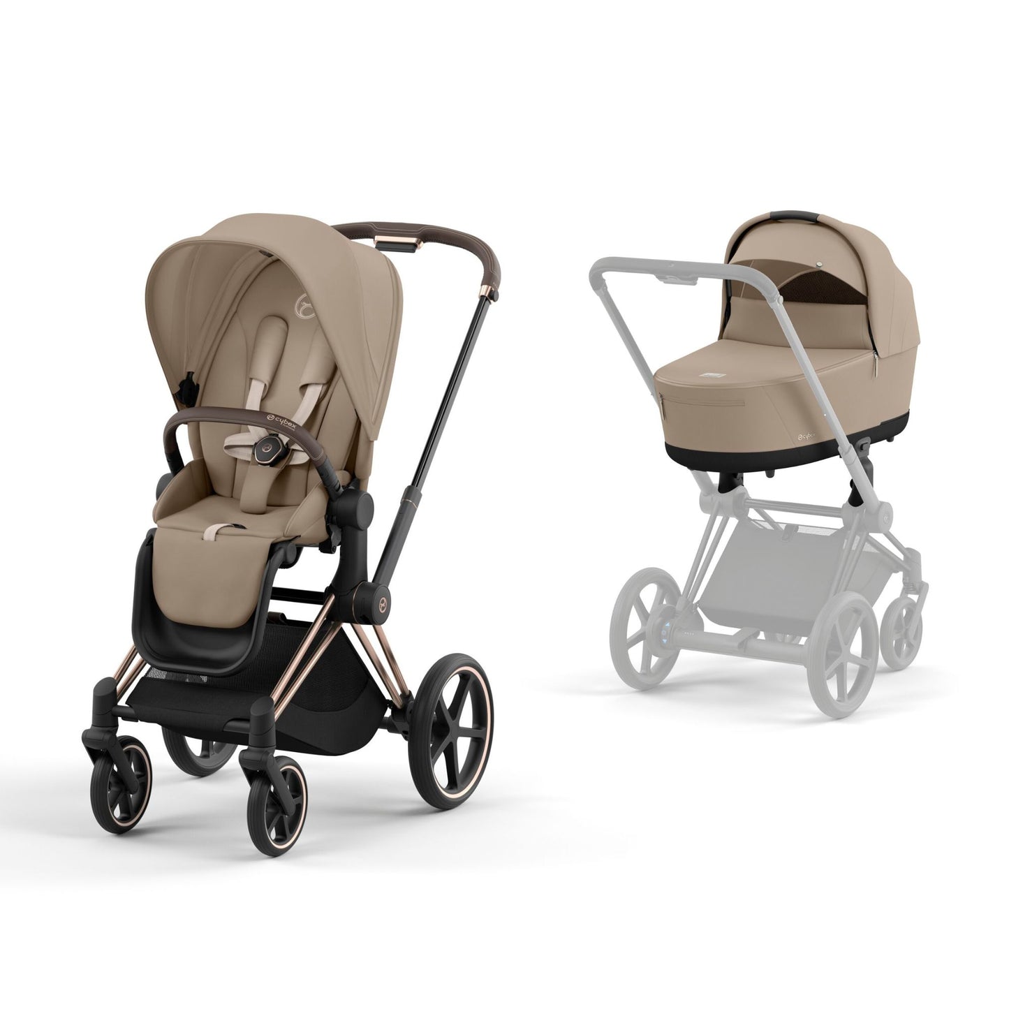 Cybex Priam in cozy beige on a rose gold chassis with seat unit and carrycot.