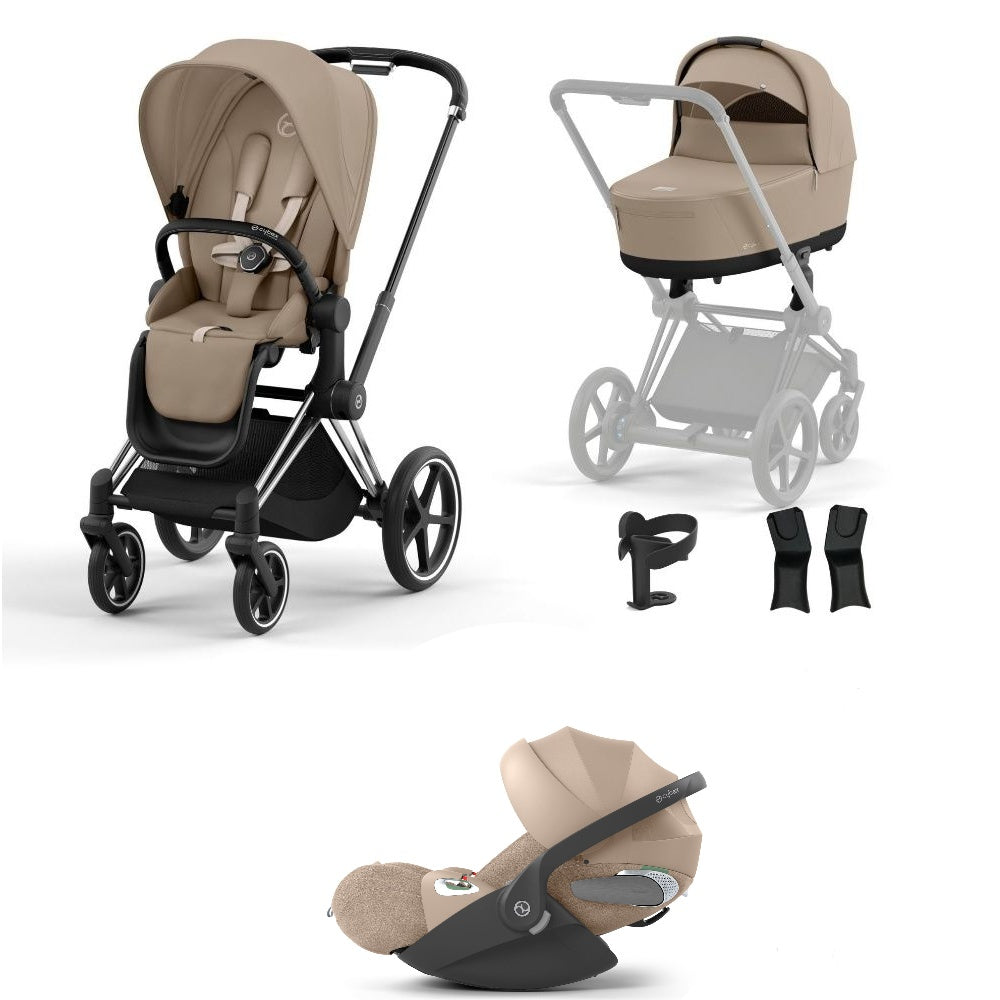 Priam cozy beige travel system on a chrome black chassis with car seat.