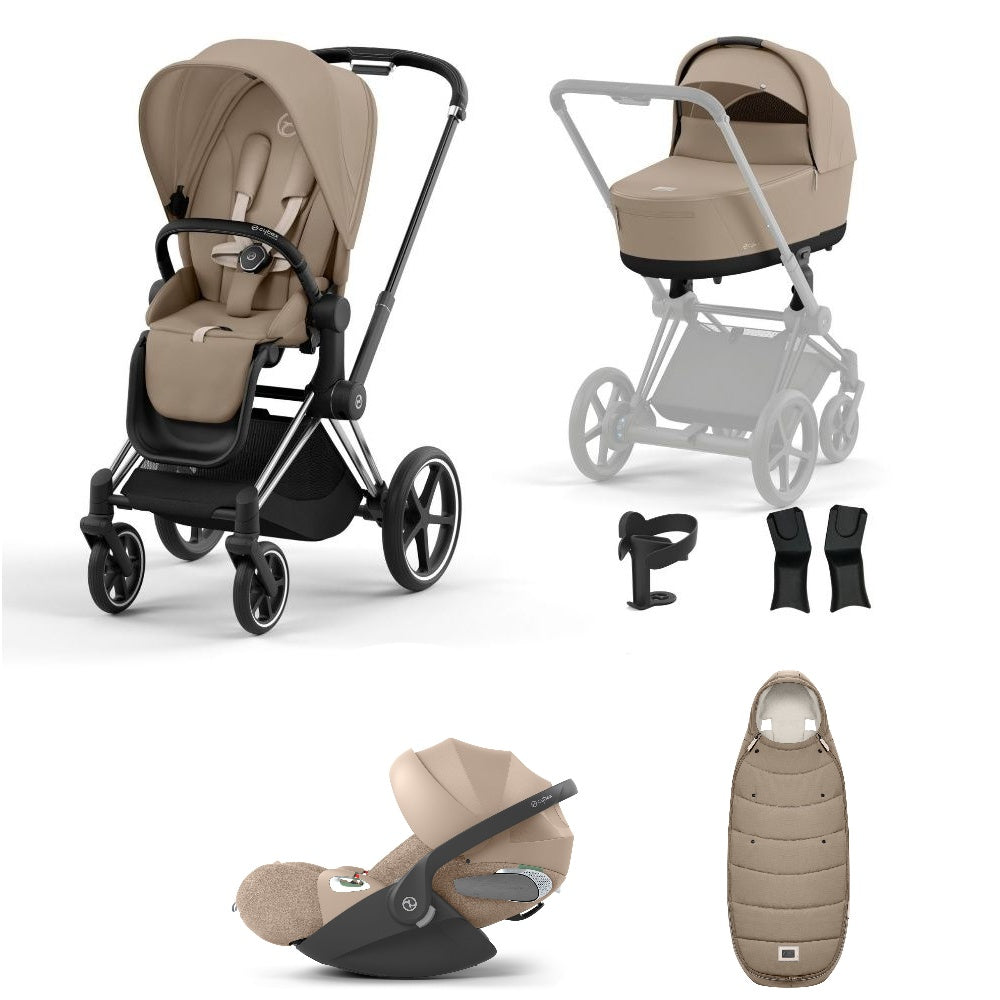 Priam cozy beige travel system on a chrome black chassis with car seat, and footmuff.