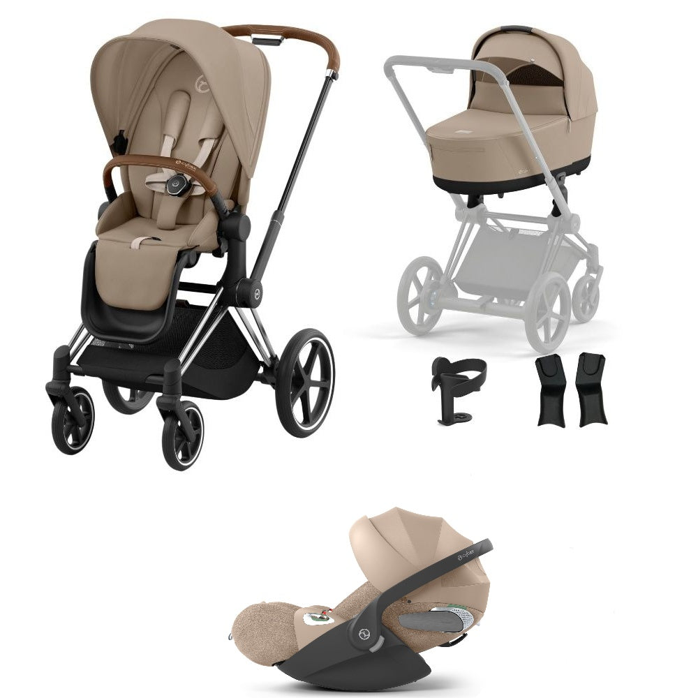 Priam cozy beige travel system on a chrome brown chassis with car seat.