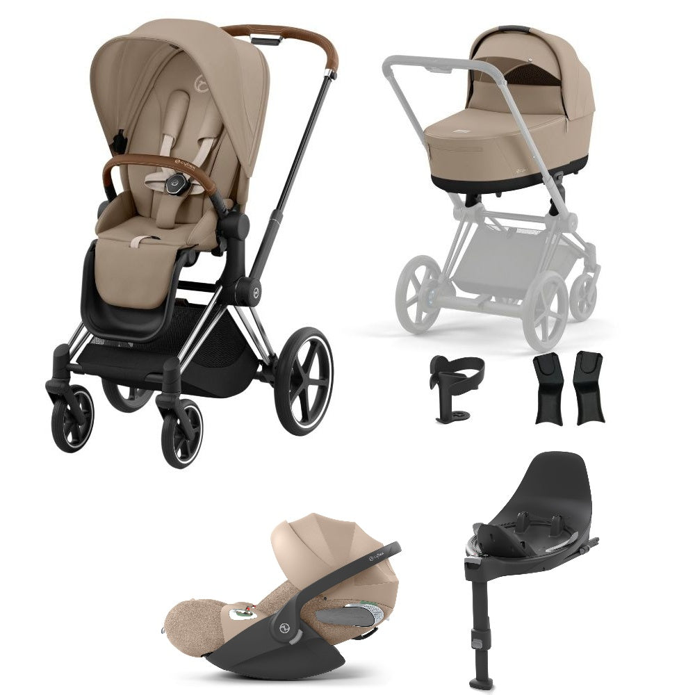Priam cozy beige travel system on a chrome brown chassis with car seat and isofix base.