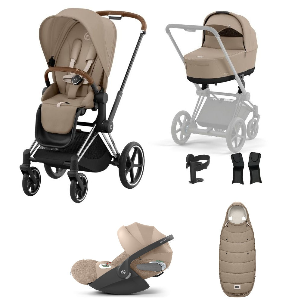 Priam cozy beige travel system on a chrome brown chassis with car seat, and footmuff.