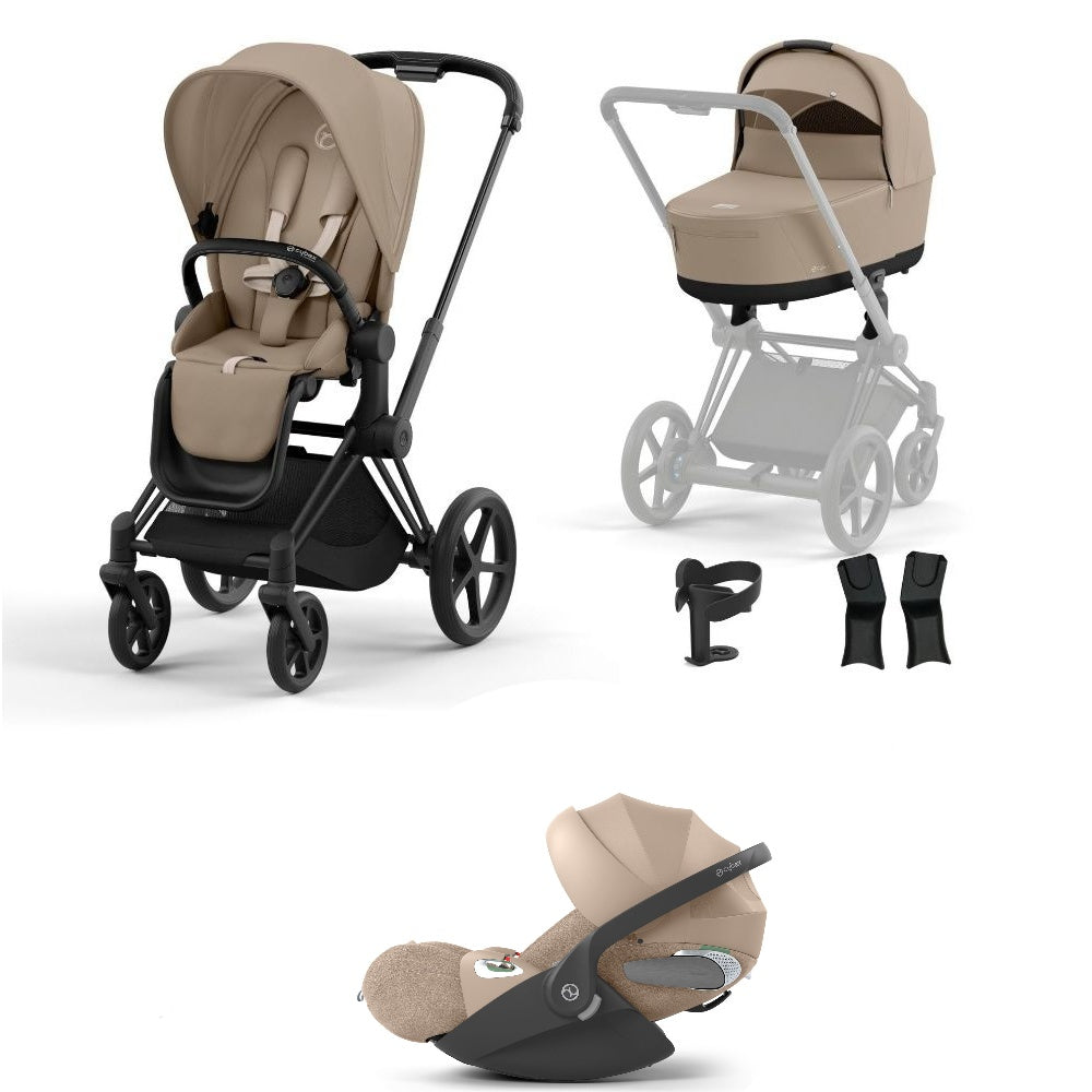 Priam cozy beige travel system on a matt black chassis with car seat.