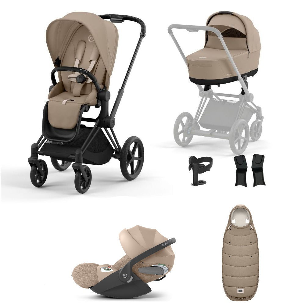 Priam cozy beige travel system on a matt black chassis with car seat, and footmuff.