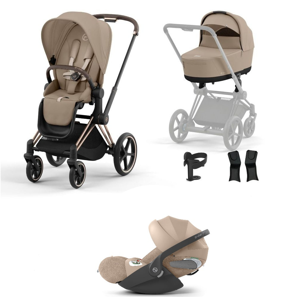 Priam cozy beige travel system on a rose gold chassis with car seat.