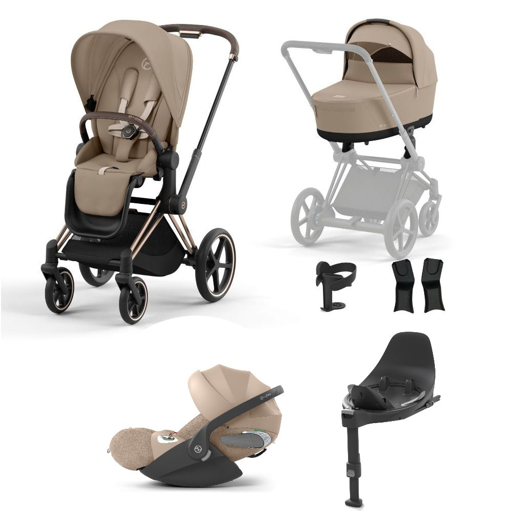 Priam cozy beige travel system on a rose gold chassis with car seat and isofix base.