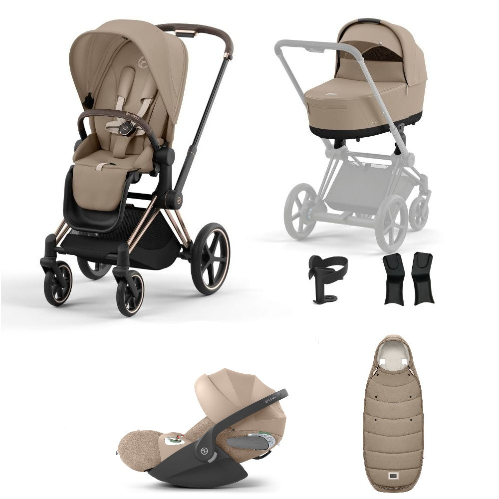 Priam cozy beige travel system on a rose gold chassis with car seat, and footmuff.
