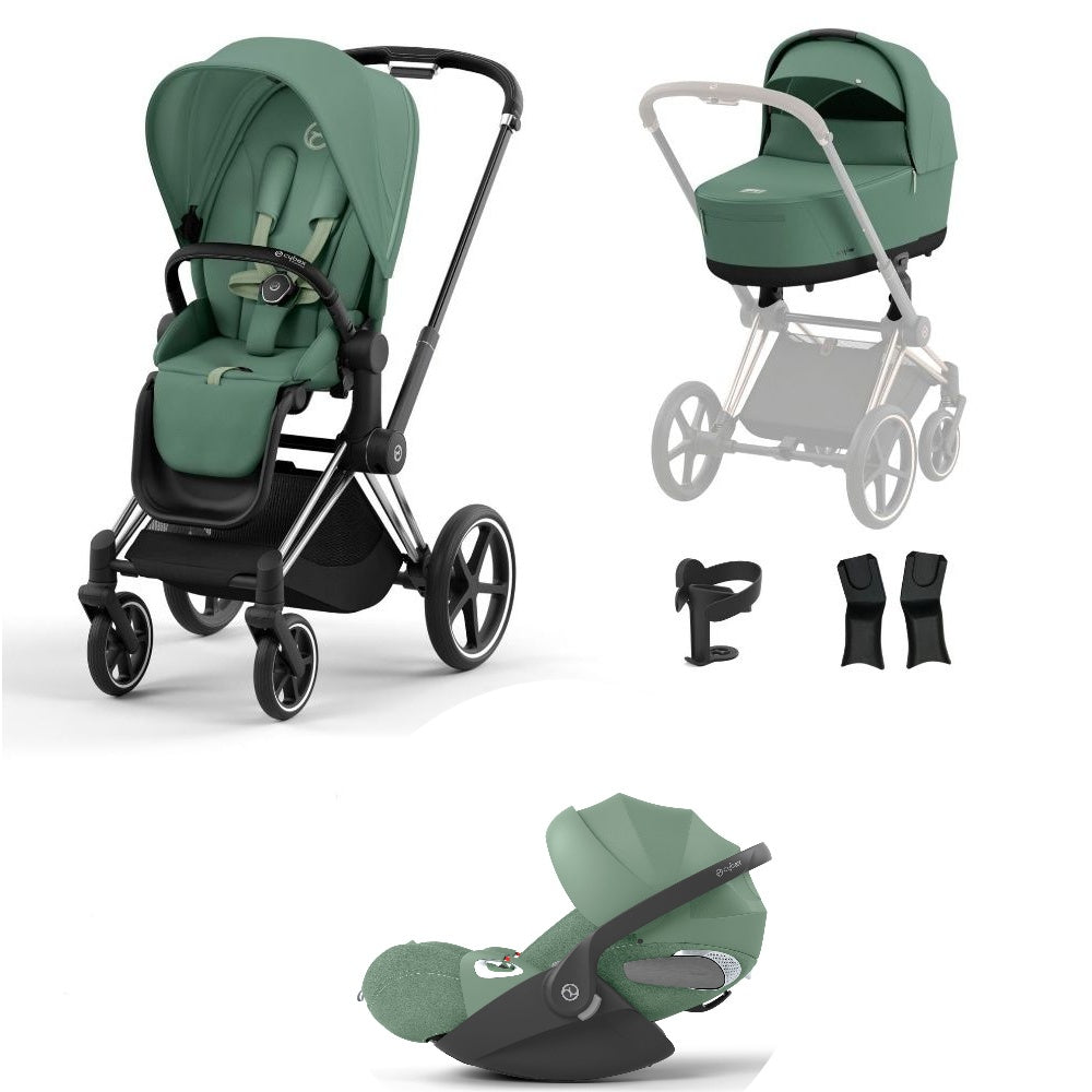 Priam leaf green travel system on a chrome black chassis with car seat.