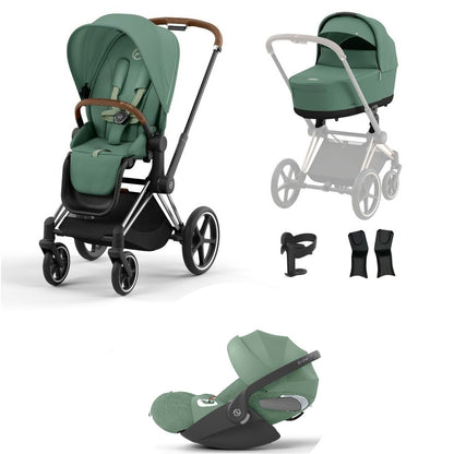 Priam leaf green travel system on a chrome brown chassis with car seat.