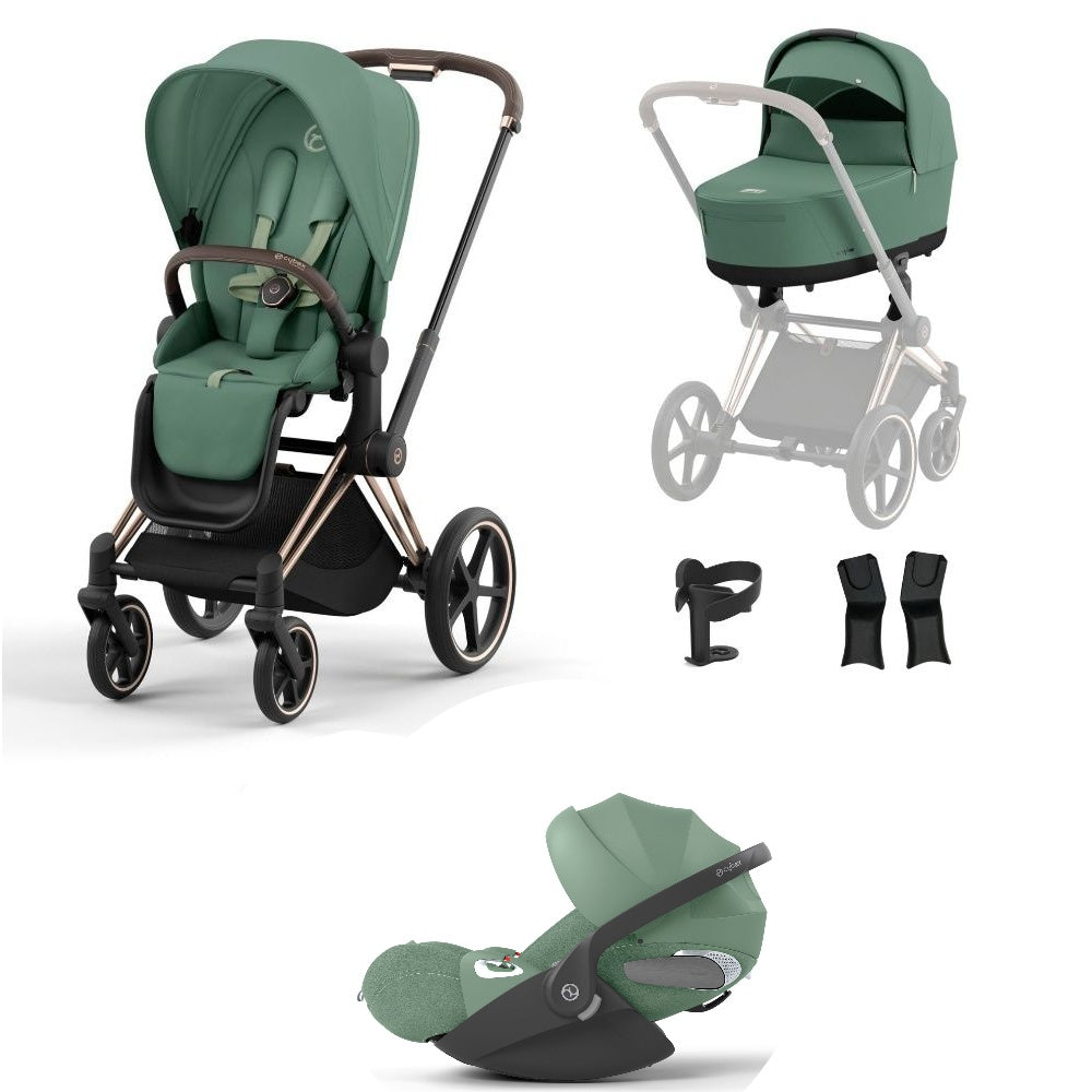 Priam leaf green travel system on a rose gold chassis with car seat.