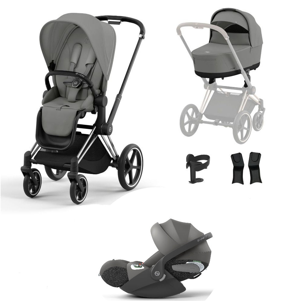 Priam mirage grey travel system on a chrome black chassis with car seat.