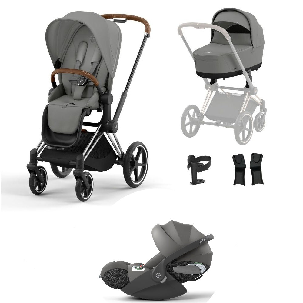 Priam mirage grey travel system on a chrome brown chassis with car seat.