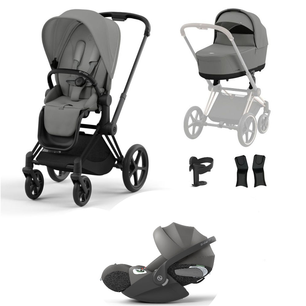 Priam mirage grey travel system on a matt black chassis with car seat.