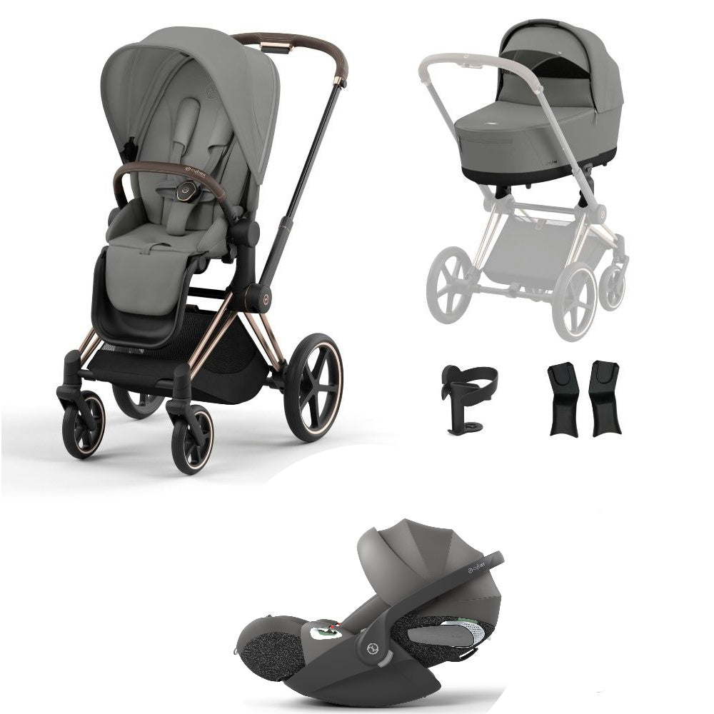 Priam mirage grey travel system on a rose gold chassis with car seat.