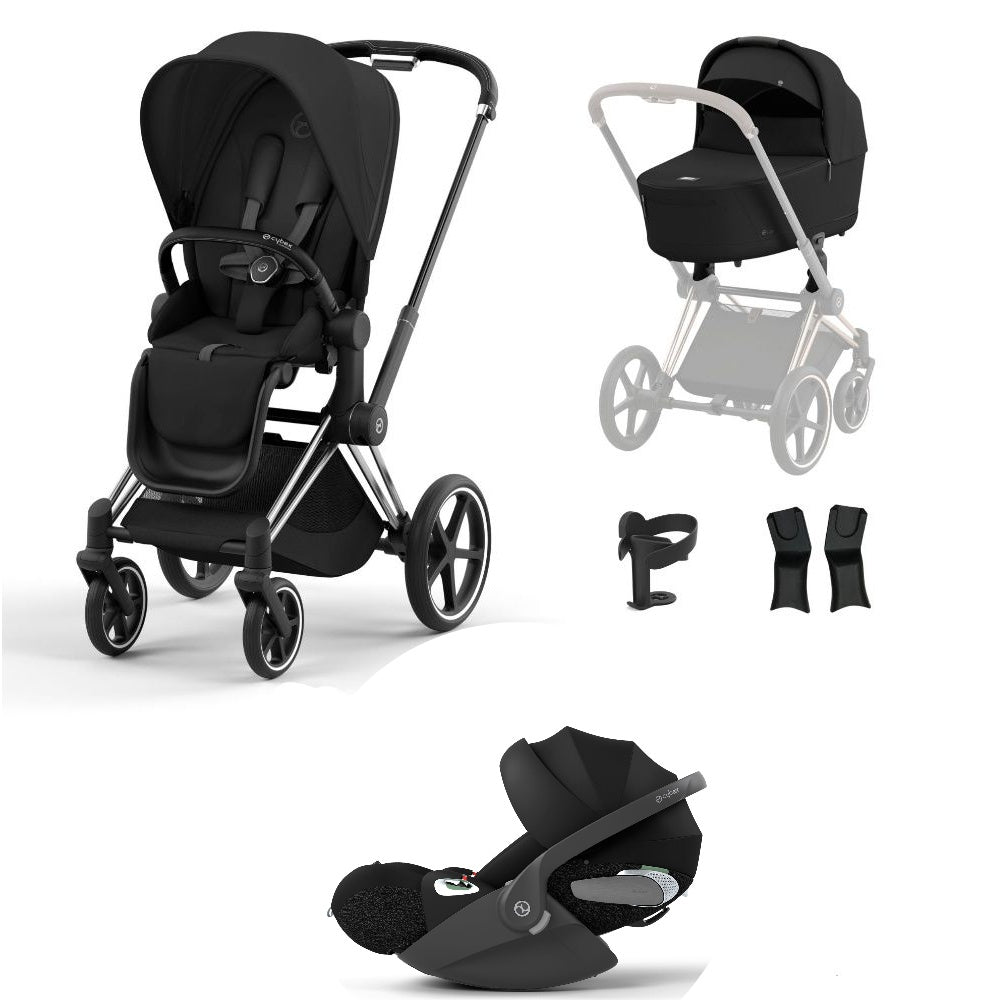 Priam sepia black travel system on a chrome black chassis with car seat.