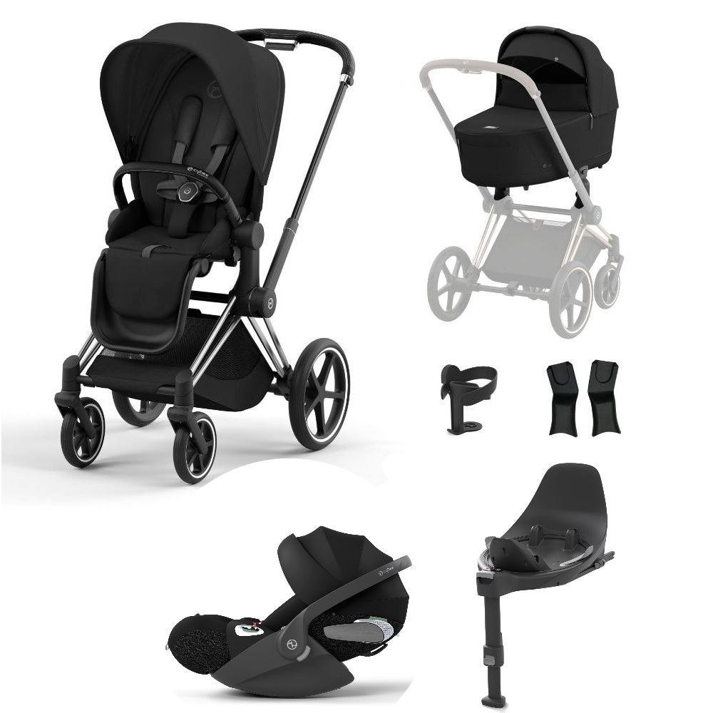 Priam sepia black travel system on a chrome black chassis with car seat and isofix base.