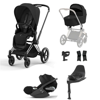 Priam sepia black travel system on a chrome black chassis with car seat and isofix base.