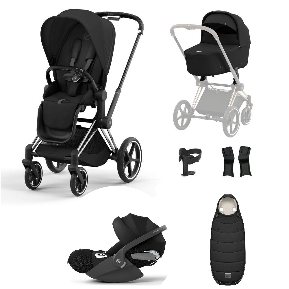 Priam sepia black travel system on a chrome black chassis with car seat and footmuff.