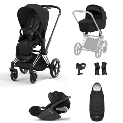 Priam sepia black travel system on a chrome black chassis with car seat and footmuff.