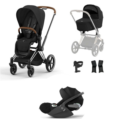 Priam sepia black travel system on a chrome brown chassis with car seat.