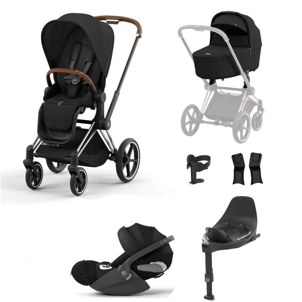 Priam sepia black travel system on a chrome brown chassis with car seat and isofix base.