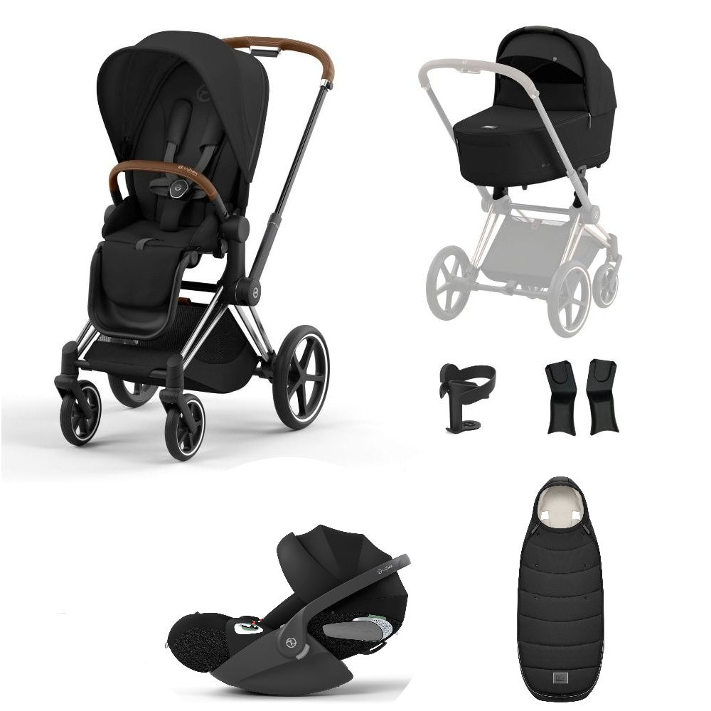 Priam sepia black travel system on a chrome brown chassis with car seat and footmuff.