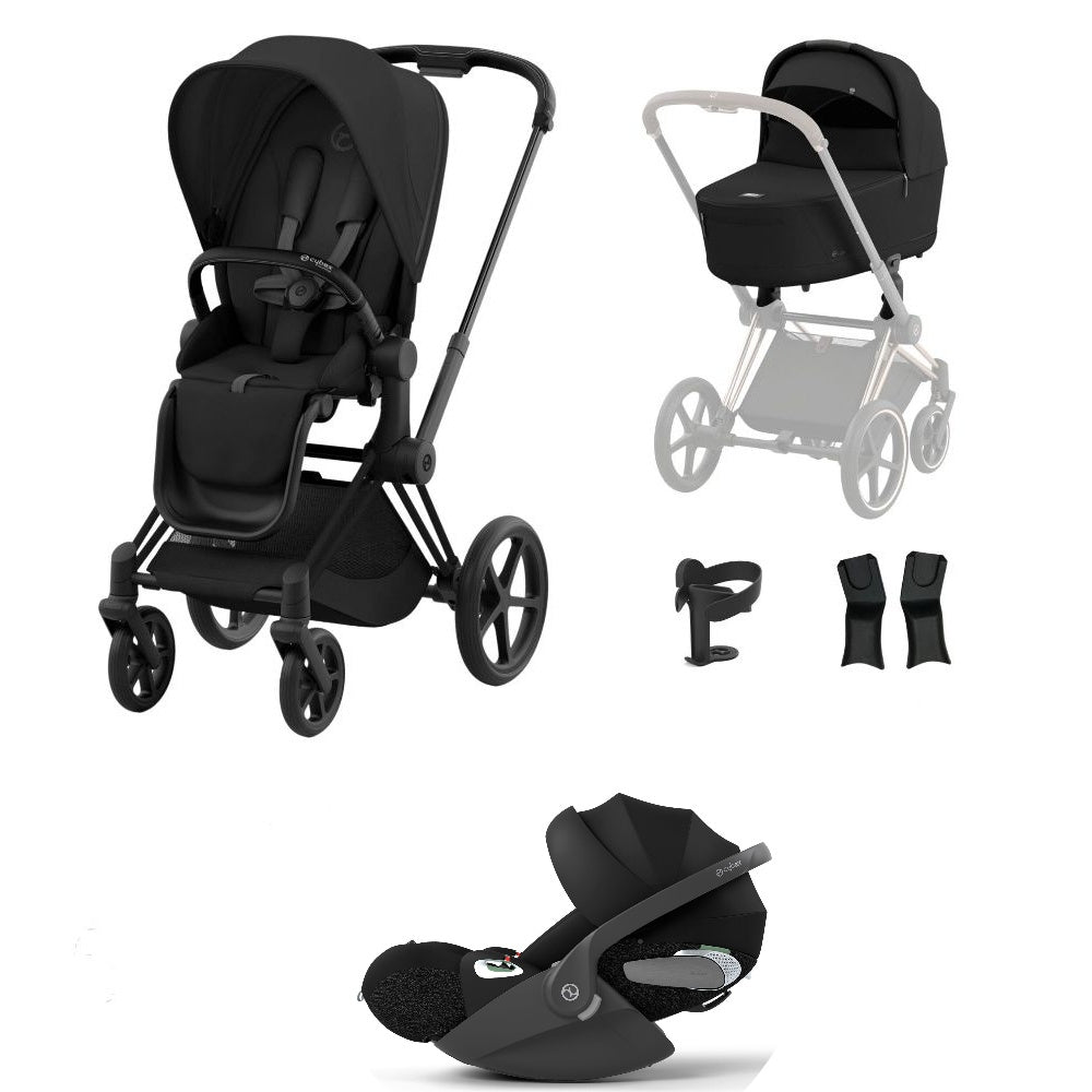 Priam sepia black travel system on a matt black chassis with car seat.