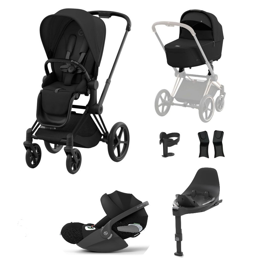 Priam sepia black travel system on a matt black chassis with car seat and isofix base.