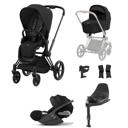 Priam sepia black travel system on a matt black chassis with car seat and isofix base.