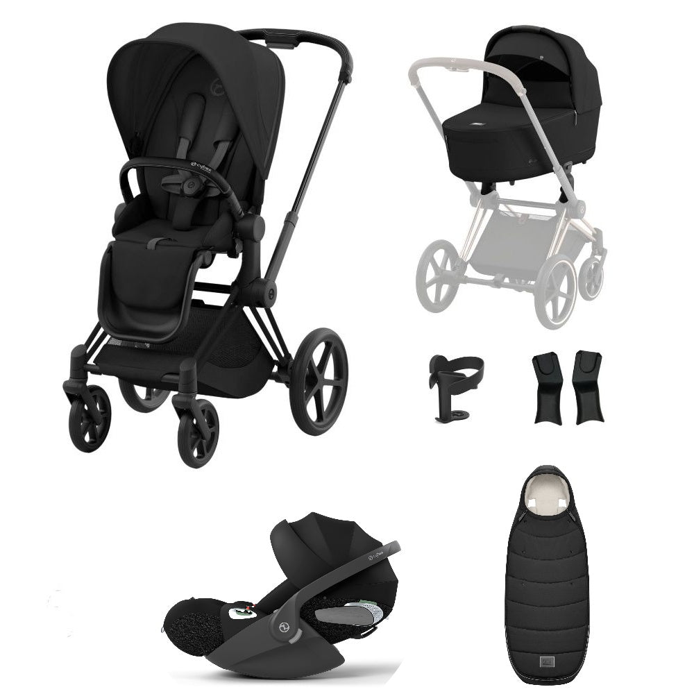 Priam sepia black travel system on a matt black chassis with car seat and footmuff.