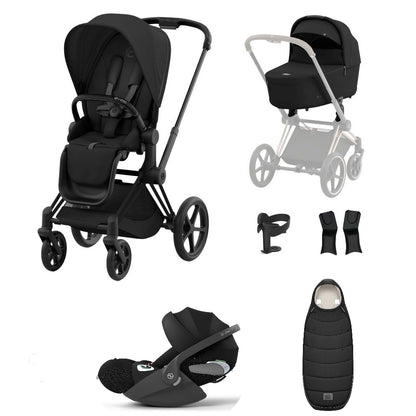 Priam sepia black travel system on a matt black chassis with car seat and footmuff.