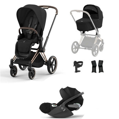 Priam sepia black travel system on a rose gold chassis with car seat.