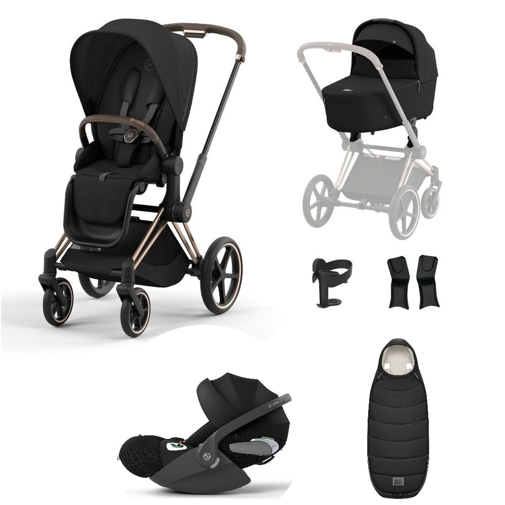 Priam sepia black travel system on a rose gold chassis with car seat and footmuff.