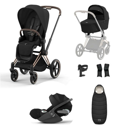 Priam sepia black travel system on a rose gold chassis with car seat and footmuff.