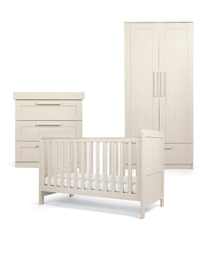 Cot bed, wardrobe and 3 drawer dresser set in stone colour.