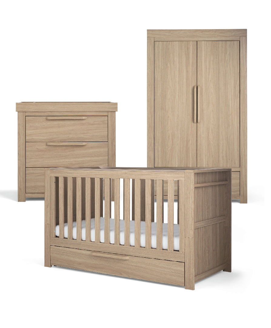 Mamas & Papas Franklin 3 Piece Cotbed Range with Dresser Changer & Double Wardrobe in Natural Oak
